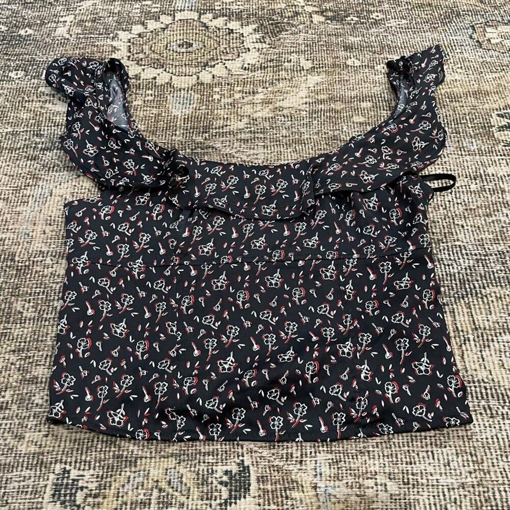 Free People Womens XS Tank Floral Ruffle Crop Top Black Red Smocked Boho Blouse